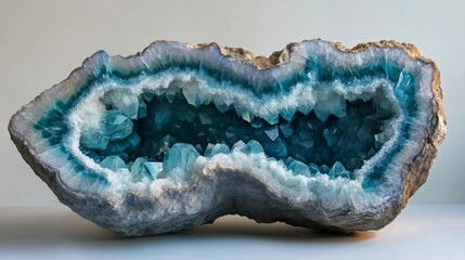 A stunning blue crystal geode showcasing its inner sparkle, with intricate crystalline structures set within a rough, natural rock exterior, full of exploration.