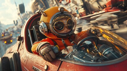 Fototapeta premium Adventurous Young Pilot Navigates a Futuristic Racer in a Vibrant Steampunk World