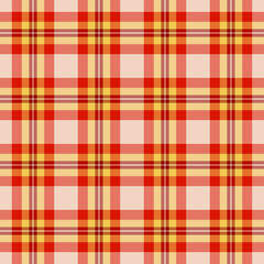 Madras seamless pattern fabric, vogue textile check background. Fashion plaid vector tartan texture in red and amber colors.