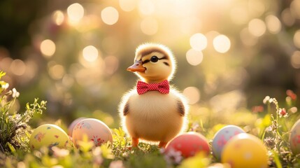 A charming little duckling with a red bow tie stands amidst colorful Easter eggs, exuding a sense of playful innocence and springtime joy in the sunshine.