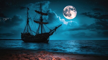 Fototapeta premium Haunted shipwreck on a moonlit shore, ghostly pirate