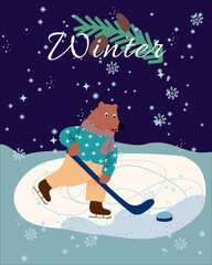 Winter card with bear playing hockey