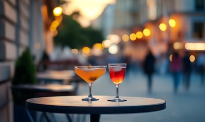 two glasses of cocktails on a small table in an outdoor cafe, Generative AI