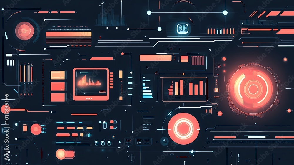 Poster futuristic technology interface with data visualization and controls