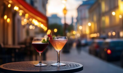two glasses of cocktails on a small table in an outdoor cafe, Generative AI