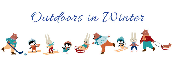 Vector set of cute characters doing winter outdoor activities