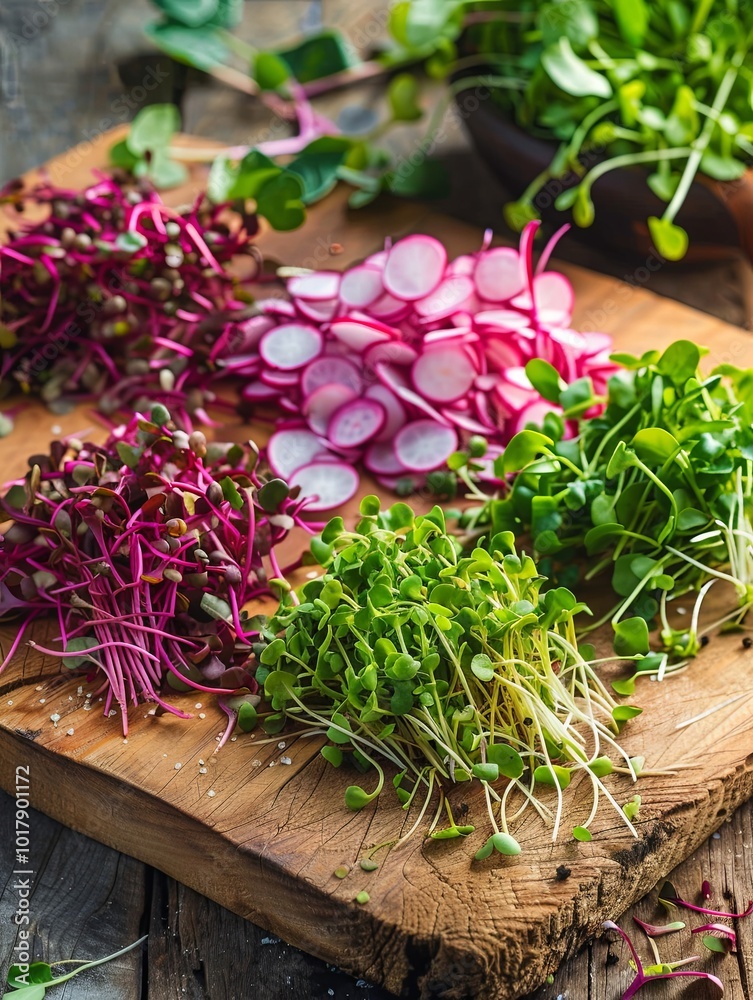Poster a colorful assortment of microgreens and sliced radishes is beautifully presented on a rustic wooden