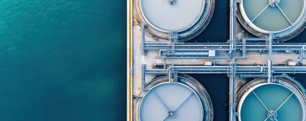 Aerial view of water treatment tanks showcasing modern infrastructure for efficient wastewater management and purification processes.