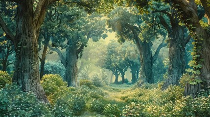 Magical enchanted forest with towering trees and lush vegetation – mystical digital painting background with fairytale atmosphere and dreamlike nature scenery perfect for fantasy-themed wallpapers and