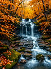 Fototapeta premium Waterfall in beautiful autumn forest. Rocks with moss and long exposure water stream, mountain creek slowly falling. Majestic picturesque nature pattern, colorful leaves, tranquil scene. AI generated