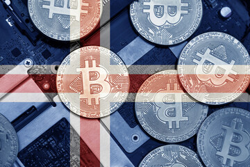 flag of iceland on the bitcoins with computer electronic circuit board background. bitcoin concept