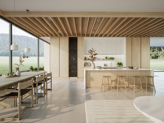 3D illustration. This image showcases a modern, minimalist kitchen with a large kitchen island and stools, a light wood and marble design, and an open, airy feel.