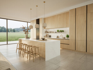 3D illustration. This image showcases a modern, minimalist kitchen with a large kitchen island and stools, a light wood and marble design, and an open, airy feel.
