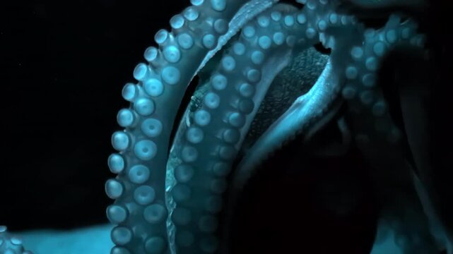 Blue octopus moving its tentacles hypnotically. Close up