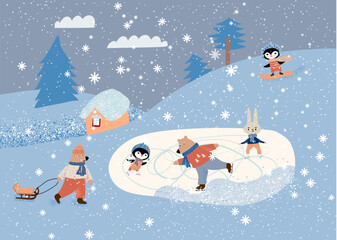 Winter landscape with animals doing winter outdoor activities