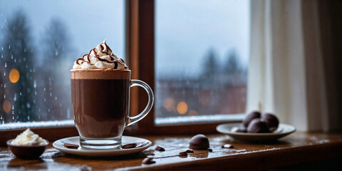 A hot chocolate drink on the old window sill