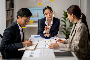 Three people are sitting at a table with papers and a laptop