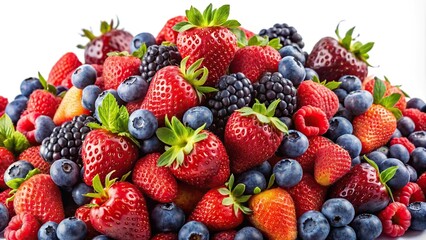 A pile of assorted berries including strawberries, raspberries, and blueberries from an aerial perspective