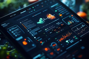 Close-up of a health app analyzing diet and exercise data, detailed digital interface, photorealistic personalized healthcare solution