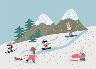 Mountain winter landscape with cute animals