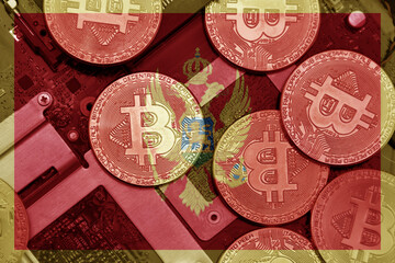 flag of montenegro on the bitcoins with computer electronic circuit board background. bitcoin...