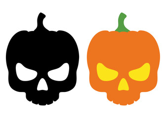 Logo con calavera humana como calabaza de Halloween para tarjetas y felicitaciones