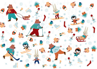 Winter set of cute animals. Outdoor activities