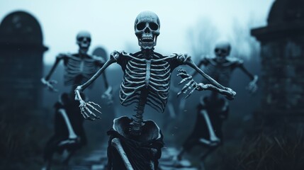 Fototapeta premium Skeletons dancing in a graveyard, eerie night scene
