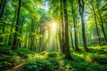 Obraz premium Lush Green Dense Forests with Sunlight Filtering Through Leaves Creating a Serene Natural Landscape