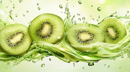 Kiwi Slices Splashing in Green Liquid
