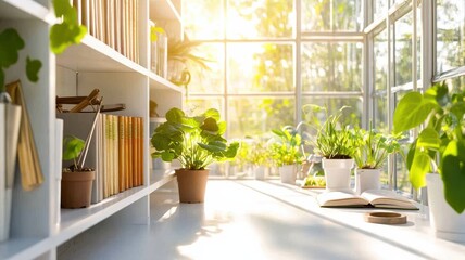 Fototapeta premium Bright greenhouse filled with vibrant plants and books, showcasing a serene atmosphere perfect for relaxation and inspiration.