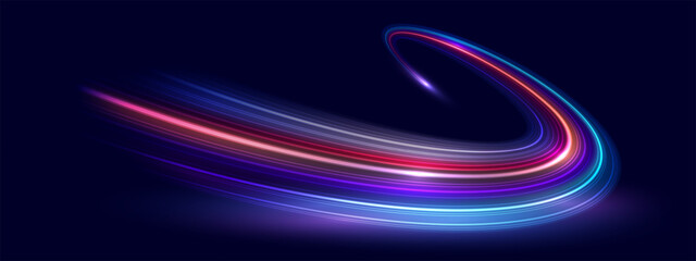 Modern abstract high speed movement. Dynamic motion light trails on dark blue background. Futuristic digital technology movement concept. Pattern for banner. Vector EPS10.