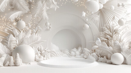 Crib surrounded by Christmas garlands and gentle holiday lights, 3D illustration