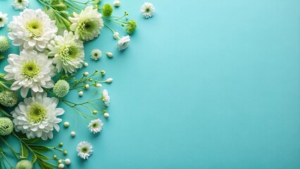 A serene aerial view of white and green flowers blooming against a blue backdrop