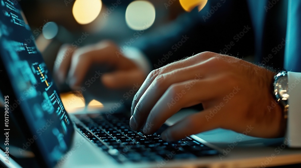 Poster hands typing on laptop with coding interface
