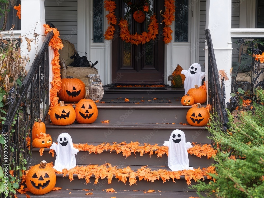 Wall mural Festive outdoor decorations featuring pumpkins ghosts and orange garlands on the porch