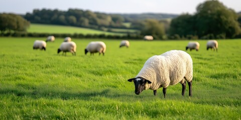 Obraz premium A Suffolk sheep flock grazing in a freshly rotated, lush green pasture in Southern England