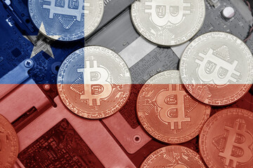 flag of chile on the bitcoins with computer electronic circuit board background. bitcoin concept