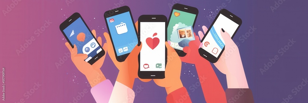 Poster hands are actively holding smartphones displaying different social media apps at a vibrant social ga