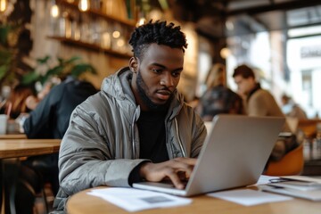 Fototapeta premium A hopeful job seeker in a coffee shop, surrounded by job applications and an open laptop, reviewing emails and preparing to send out their resume, with a focused yet optimistic expression