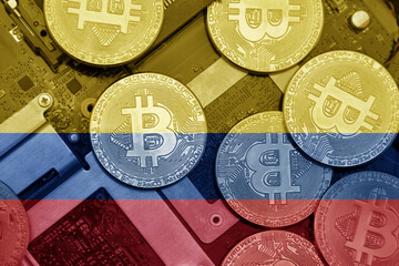 flag of colombia on the bitcoins with computer electronic circuit board background. bitcoin concept