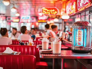 Charming diner scene with retro decor, neon lights, and milkshakes on display, evoking nostalgia and delightful ambiance.