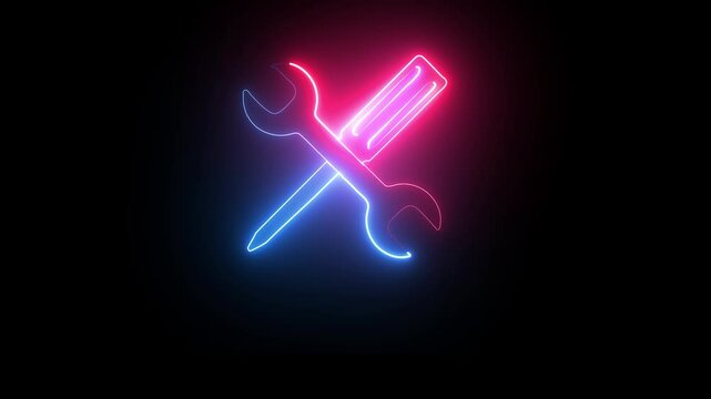 Glowing neon light setting tools icon concept animation on isolated black background.