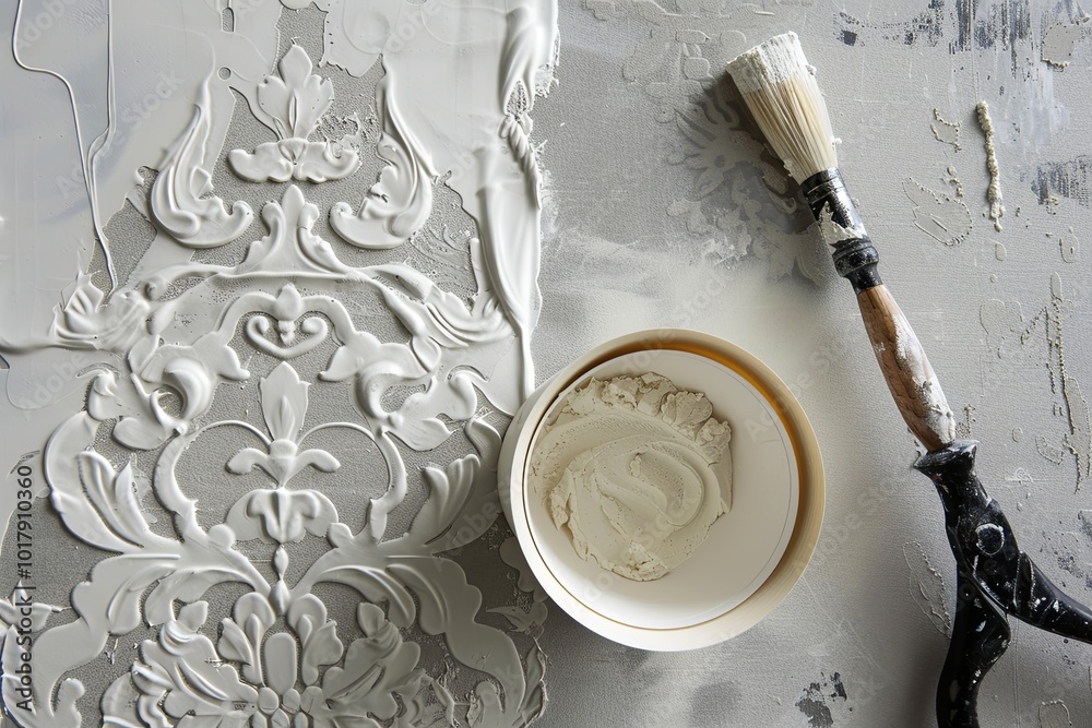 Poster an artisan skillfully applies plaster to create detailed designs on a smooth surface, surrounded by 