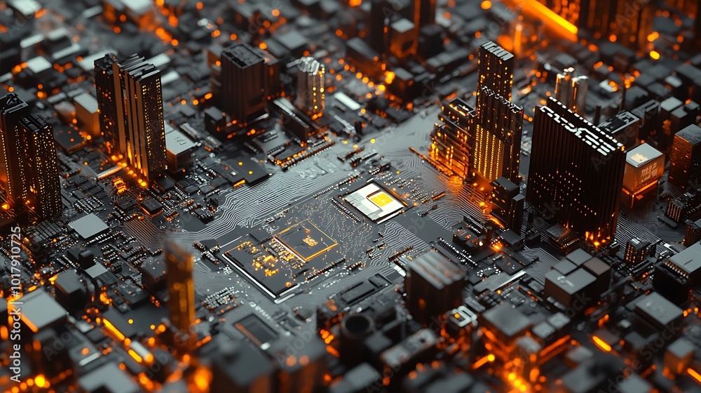 Poster a futuristic cityscape composed of microchips and electronic circuitry with glowing lights, symboliz