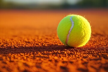 Close up of Vibrant Tennis Ball on Red Clay Court Surface with Crisp Contrast