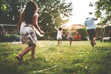 Obraz premium Children running and playing outdoors in a backyard on a sunny day, filled with joy and movement