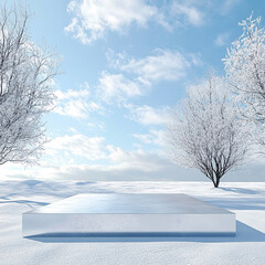 Fototapeta premium Abstract 3d render winter scene and Natural background, Ice podium on the water and snow ground, Backdrop snow mountain reflect the water surface for product stand display, advertising, mockup 