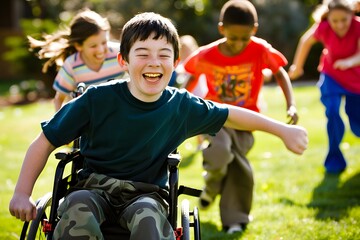A group of diverse children playing together outdoors, with a happy boy in a wheelchair leading the fun in a sunny park
