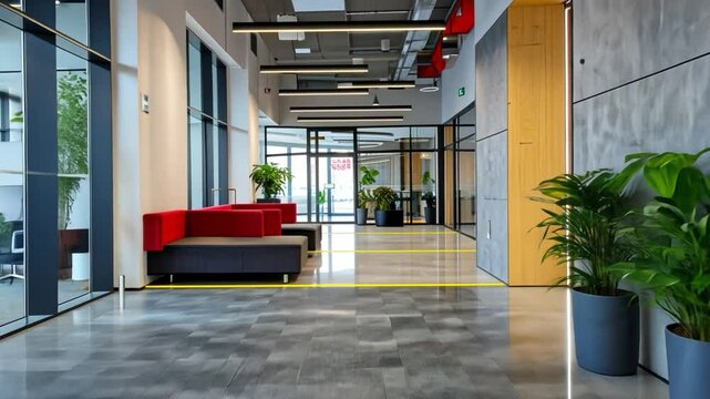 Accessibility in a modern office, with ramps and automatic doors visible.